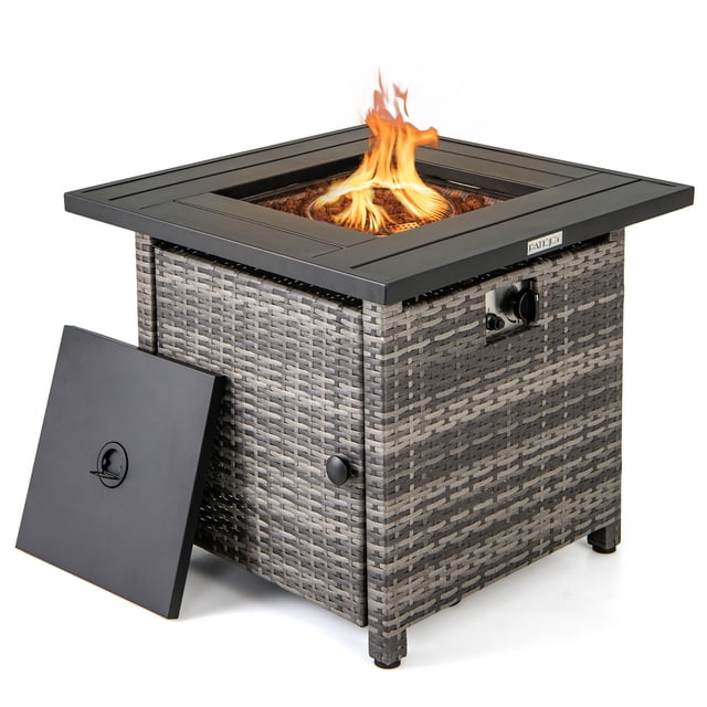 Gymax Table de Foyer en Rotin au Propane de 29 Pieds' avec Roches de Lave et Housse de Protection, Doté d'Un design en Rotin PE Gris Mixte et d'Un Cadre Métallique Robuste. le Foyer Offre une Sortie de Chaleur de 50 000 BTU et Comprend un Brûleur en Acier Inoxydable, un Système d'Allumage de Qualité Supérieure et un Couvercle Amovible pour la conversion en Table à Café. la Porte Latérale Offre un Accès Facile au Réservoir de Gaz, et une Housse en PVC Protège l'Unité Lorsqu'elle n'Est Pas Utilisée. Dimensions : 29 Pieds' x 29 Pieds' x 25 Pieds