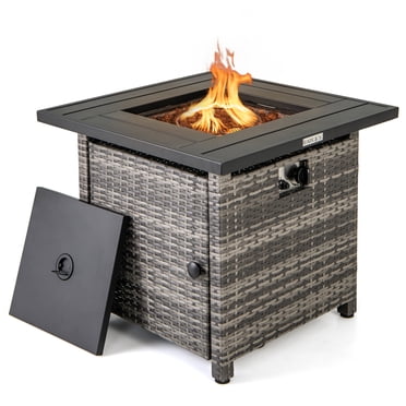 Gymax Table de Foyer au Propane en Rotin de 29 Po avec Roches de Lave et Housse de Protection, Cadre en Métal