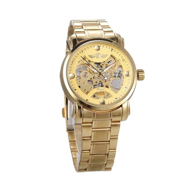 WINNER Golden Stainless Steel Men's Automatic Skeleton Watch with Round Dial, 39mm, Gift Box Included