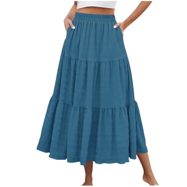 Bocqde Flowy Skirts for Women Summer Solid A-Line Ruffle Swing Long Skirt Fashion Casual Elastic High Waist Boho Maxi Skirt