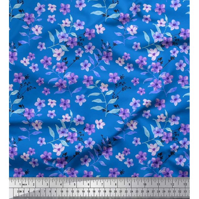 Soimoi Rayon Fabric Leaves & Periwinkle Floral Decor Fabric Printed Yard 56 Inch Wide