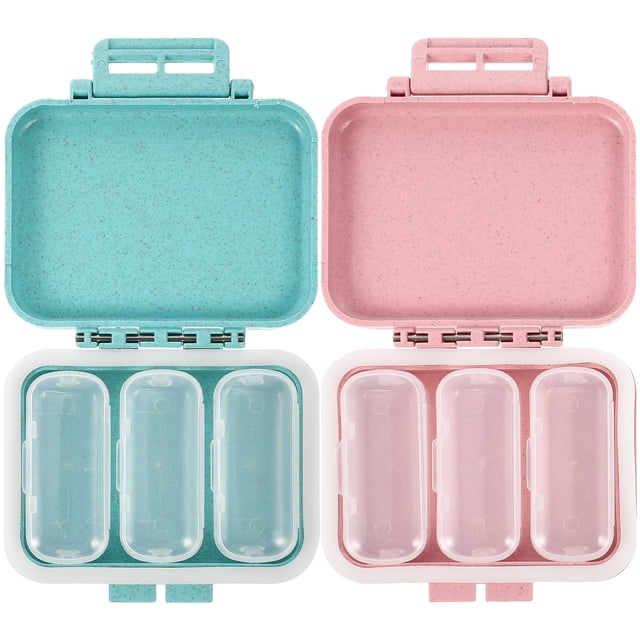 Miangastore 2Pack Small Travel Pill Case Blue Portable Pills Container Organizer. The image displays two compact pill organizers, one in blue and the other in pink, crafted from PC and wheat straw material. Each case includes three individual compartments with a multi-grid design for efficient pill storage. Measuring 8.50x7.50x2.50cm, these lightweight and portable cases are perfect for travel or daily use. The durable design ensures secure storage and prevents mixing of contents.