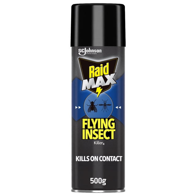 Raid Max Flying Insect Killer 500g aerosol can with black cap and black and blue label featuring yellow and white text. Suitable for indoor and outdoor pest control, it kills flies, mosquitoes, wasps, gnats, and flying moths on contact with an insecticide derived from chrysanthemum flower.