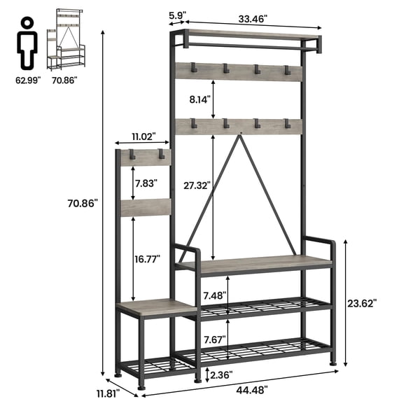 Cherish Solid Wood Coat Rack,Hall Tree With Bench and Shoe Storage Parent-Child Coat Rack Shoe Bench Industrial Coat Tree Entryway Large Organizer With Shoe Rac Coat Hanger Stand and Top Shelf