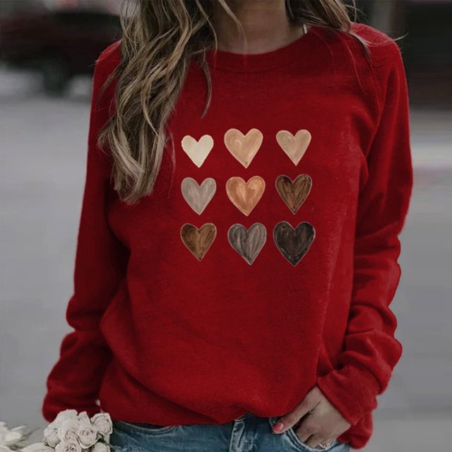 Chemise de Saint-Valentin pour Femmes 2024 Col Rond Chemises Décontractées Cœur d'Amour Graphiques Tees Manches Longues Amples Pull Tops Mode Vacances T-Shirt