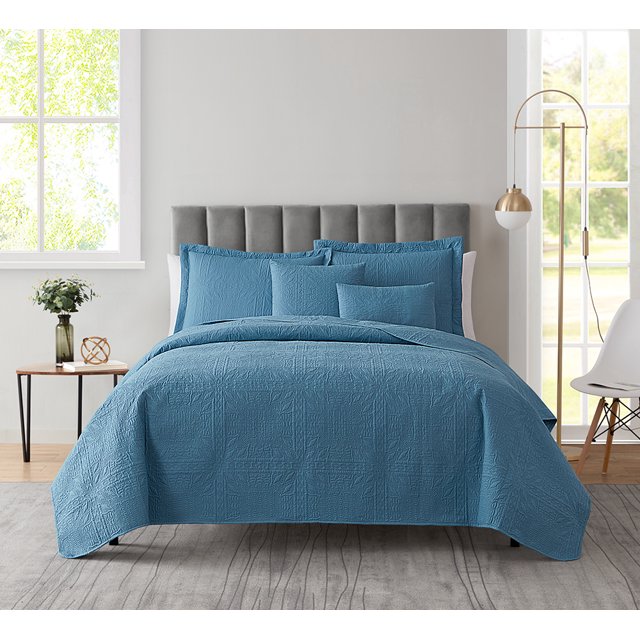 Clara Clark Home Quilt Set Bedspread - Ultra Soft Microfiber Embossed Grid Weave Pinsonic Lightweight - Quilted Comforter 5 Piece Bedding Set - 2 Pillow Shams, 2 Euro Shams - Twin, Blue Heaven