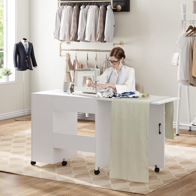 AKDSteel Folding Sewing Machine Table With Storage Shelves And Sliding Drawer, Rolling Craft Desk With Lockable Wheels For Home Or Bedroom
