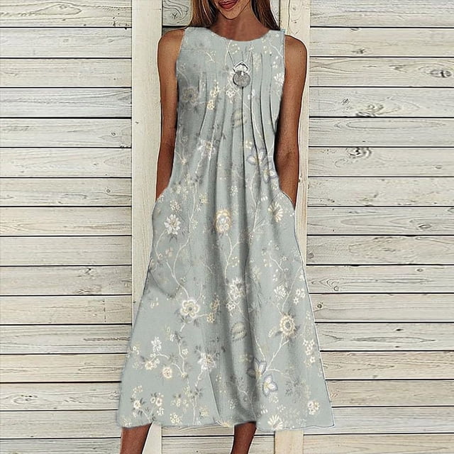 SMihono Robe Bohème d'Été pour Femmes Grande Taille Mode Robe Sans Manches à Col en V Décontractée à Imprimé avec Poches pour Femmes Printemps Été