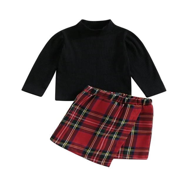 Ensemble 2 Pcs pour Filles Hauts à Manches Longues de Noël et Jupe à Carreaux