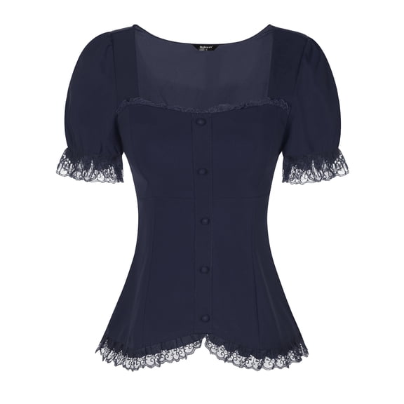 INSPIRE CHIC Chemise Victorienne pour Femme Col Cœur Manches Bouffantes Halloween à Lacets Blouse Gothique L Bleu Foncé
