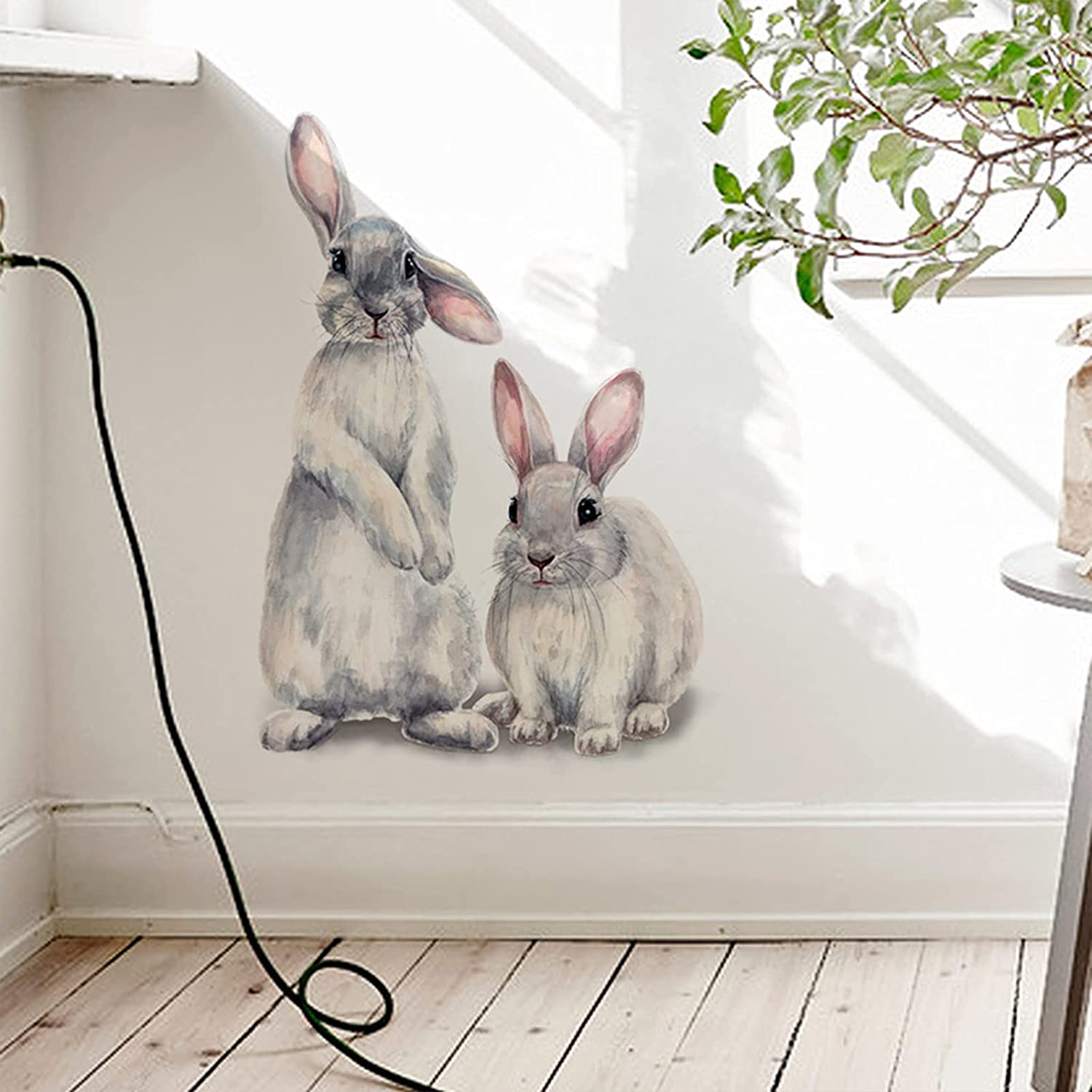 LAICAIW Cute Lovely Two Bunnies Rabbits Wall Decals, Cartoon Rabbit Bunny Animal Vinyl Wall Sticker, Removable Wall Art Decal Decor for Teens Boys Girls Room Baby Bedroom Playroom Classroom(15.7Hx11
