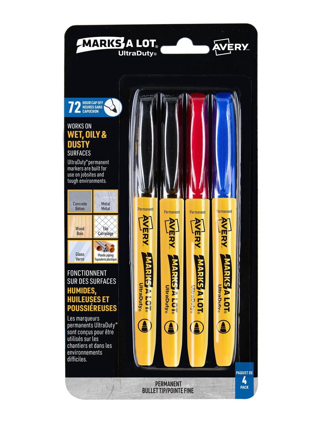 Marks A Lot® UltraDuty® Markers, Bullet Tip, Assorted Colours, Pack of 4 (2 Black, 1 Red, 1 Blue)