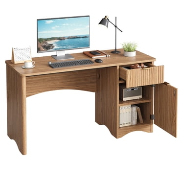 Bestier 47.2" Modern Fluted Writing Desk with Drawer and Adjustable Storage Cabinet, Computer Desk for Home Office, Study or Bedroom, Walnut