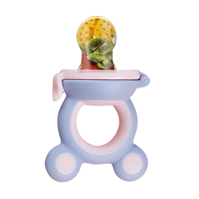 Agiferg Mother And Baby Supplies Baby Fruit And Vegetable Music Silicone Music Baby Nutrition Fruit And Vegetable Mesh Bag Complementary Food Feeder. The image displays a pastel blue and pink silicone baby food feeder with a bulb-shaped top containing fresh fruit pieces like kiwi, strawberry, and mango. It is lightweight, mesh-free, and designed for safe self-feeding with a small handle for easy grip by toddlers.
