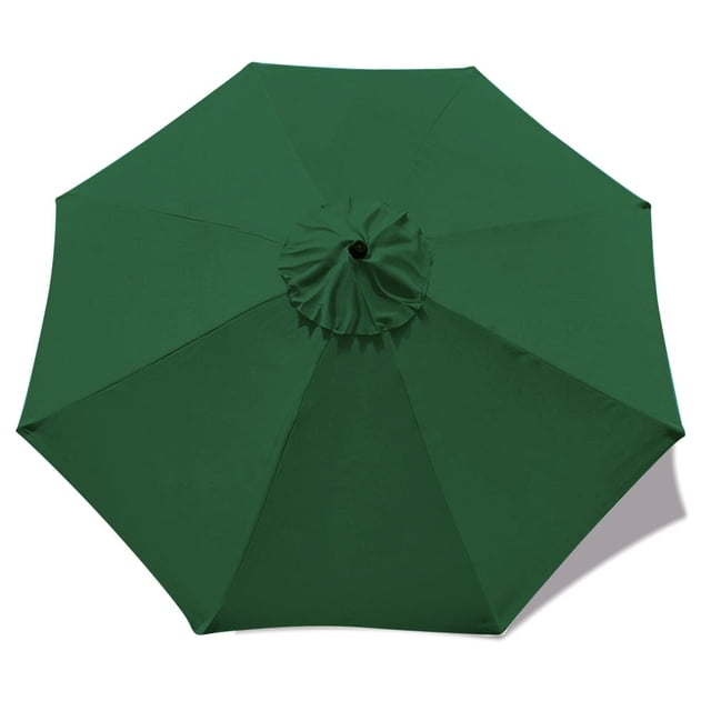Patio Umbrella Cover Replacement Top Canopy for 9ft 8 Ribs in green, designed for LIVINGbasics patio umbrellas. Made from durable 100% polyester fabric, this water-resistant canopy features a vented design for airflow and stability in windy conditions. Suitable for 9ft patio umbrellas with 8 ribs, each rib measuring 52 to 54 inches. Canopy only, compatible with wooden, aluminum, metal, or fiberglass frames.