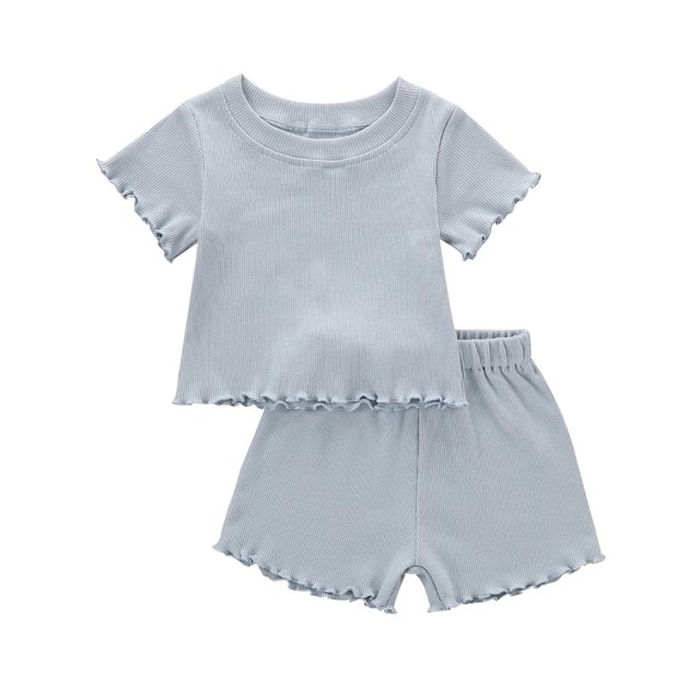 Xingqing 2PCS Bébé Fille Couleur Unie Côtelé Short Manches O-Cou Tops + Shorts