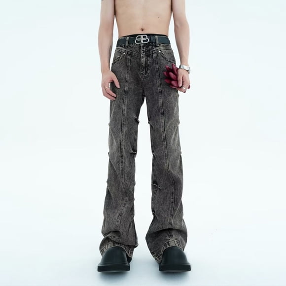 Loose Fit Jeans For Men Flare Leg Fashion Personality Design Denim Pants Casual Solid Color Outdoor Hiking Pants Fall With Pocket