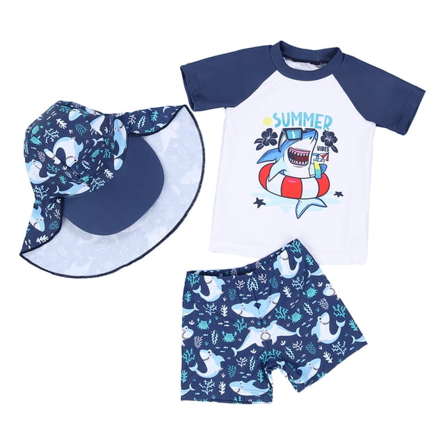 Hiiyo Boys Swimsuit Cartoon Shark Print Rash Guard Shorts with Hat Bathing Suit,3-Piece