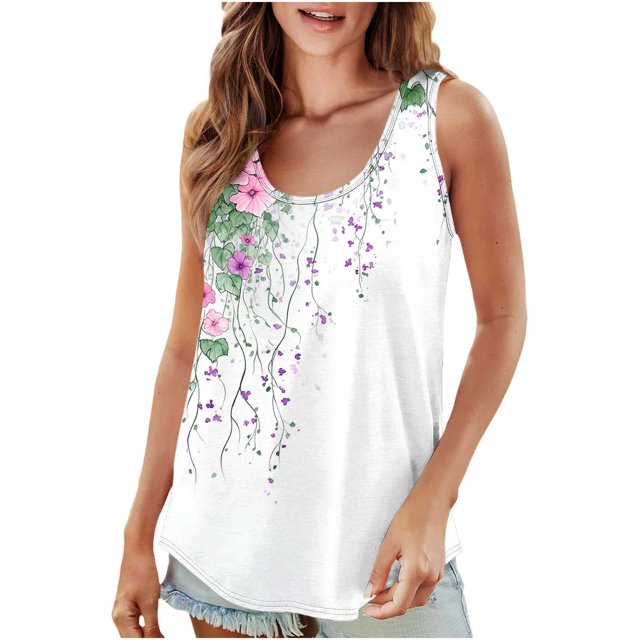 UPPADA Camisoles d'Été pour Femmes à Imprimé Floral, Col Ras du Cou, Sans Manches, Chemises Décontractées à Ourlet Fluide, Jolis T-Shirts, Chemises Coupe Ample, Hauts Confortables Multicolores, S