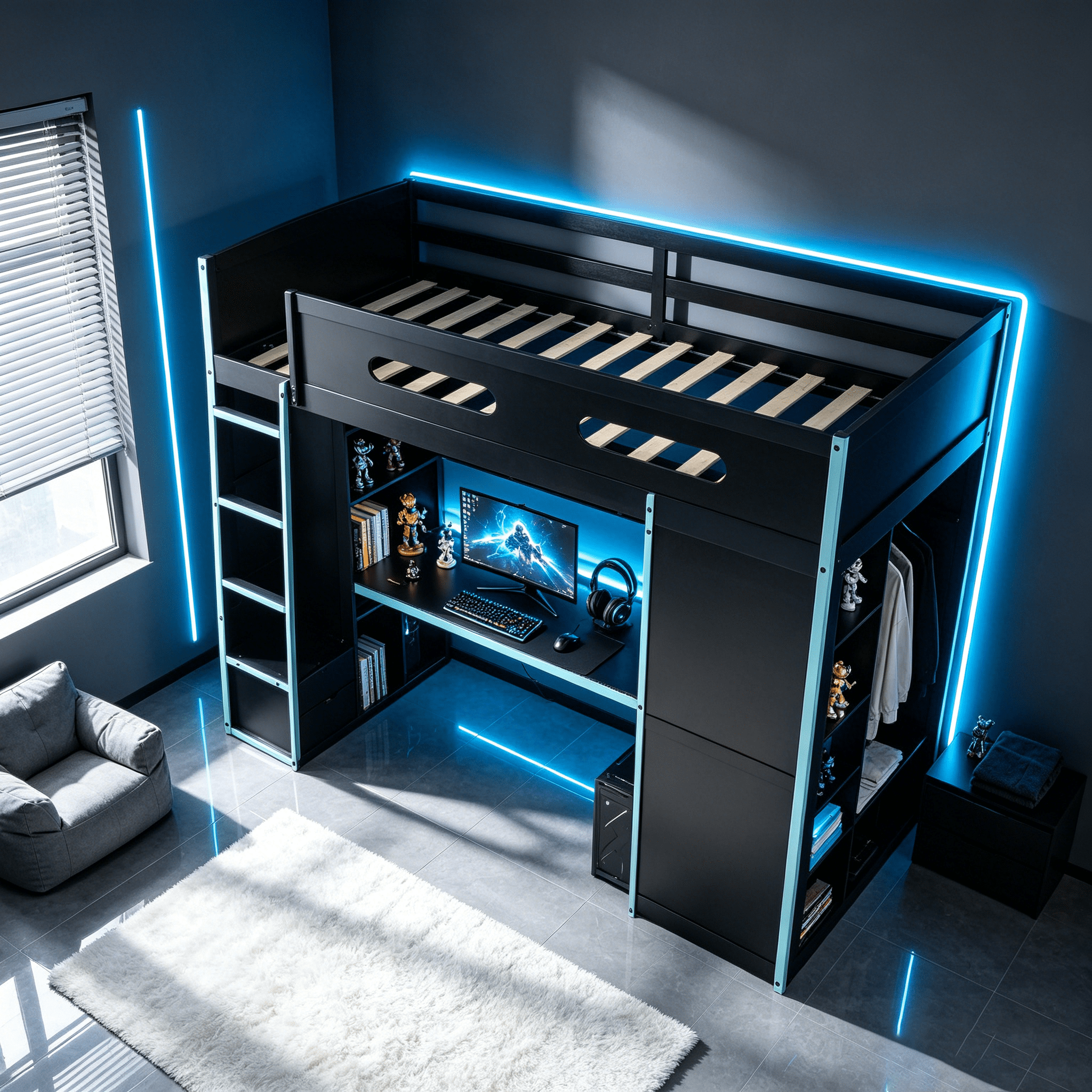 Homy Casa lit mezzanine double en bois avec bureau, armoire, tiroirs et RGB, bleu nuage