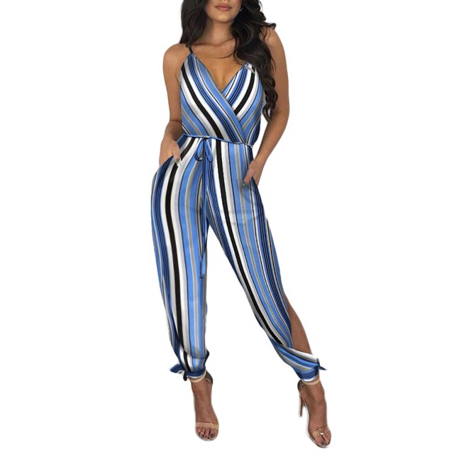 Kmbangi Women Sexy Jumpsuit+Printed Pattern Deep V-neck Sleeveless Overalls
