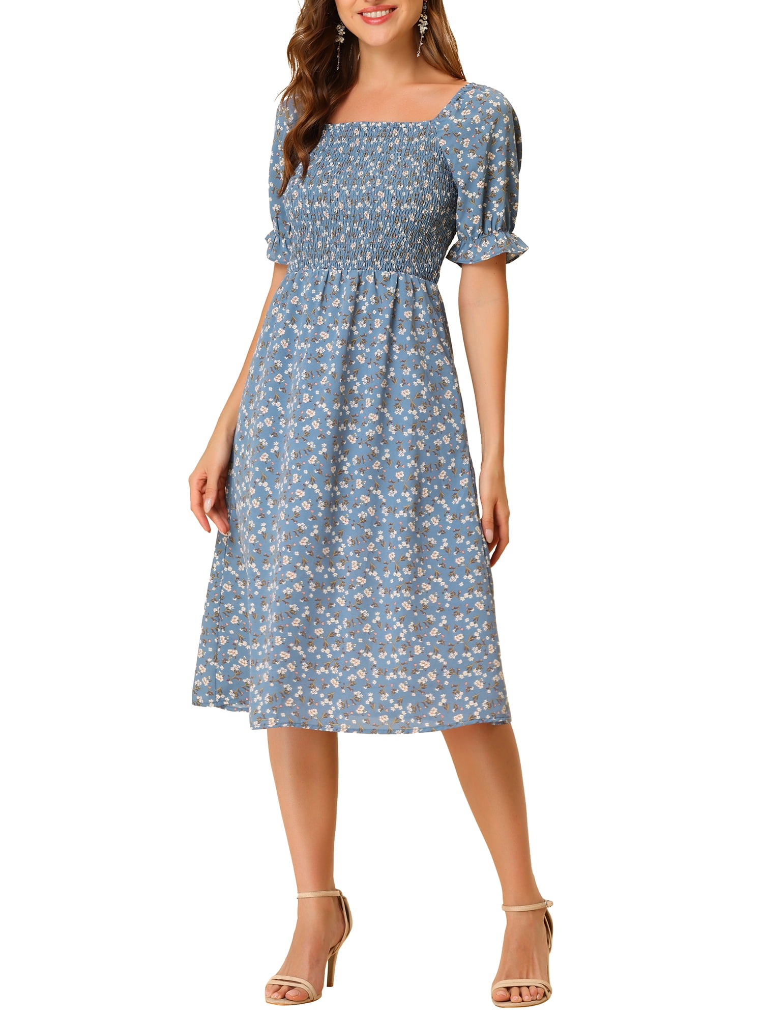 INSPIRE CHIC Robe pour Femme Smockée à Fleurs à Encolure Carrée Manches Courtes Bouffantes Printemps Été Robes Midi Bleu Poussiéreux S