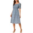 thumbnail image 1 of INSPIRE CHIC Robe pour Femme Smockée à Fleurs à Encolure Carrée Manches Courtes Bouffantes Printemps Été Robes Midi Bleu Poussiéreux TG, 1 of 6