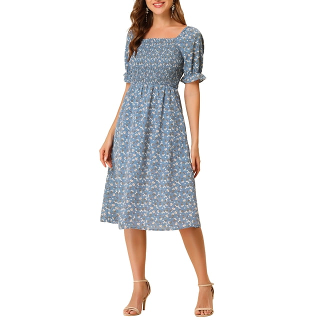 INSPIRE CHIC Robe pour Femme Smockée à Fleurs à Encolure Carrée Manches Courtes Bouffantes Printemps Été Robes Midi Bleu Poussiéreux TG