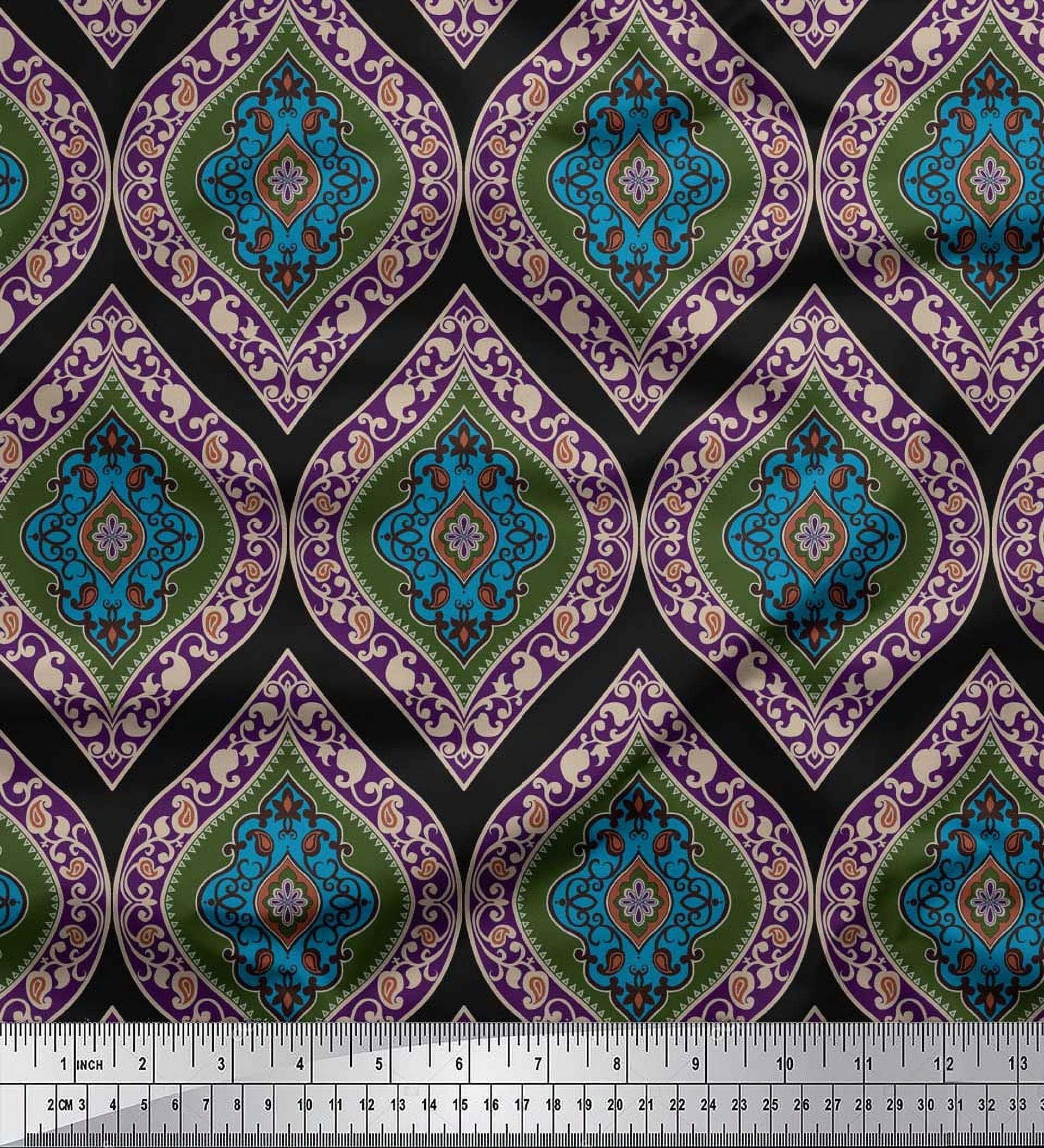 Soimoi Black Heavy Satin Fabric Seamless Damask Print Sewing Fabric Yard 54 Inch Wide