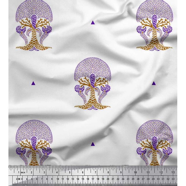 Soimoi Satin Silk Fabric Tree Block Print Fabric by The Yard 42 Inch Wide