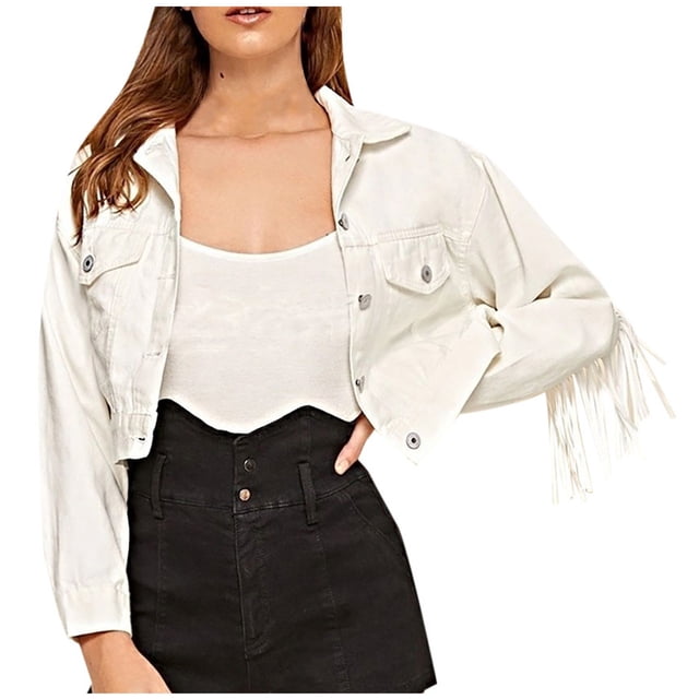 Veste à Franges pour Femmes Mode Femmes Décontractée Veste en Denim à Franges Courte à Manches Longues Veste Ajustée Blouse en Denim Manteau