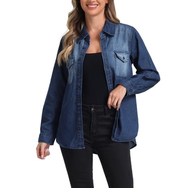INSPIRE CHIC Collar Denim Jacket for Women's Button Down Long Sleeve Oversized Casual Jean Jackets Blue M