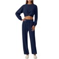 thumbnail image 1 of ShomPort Womens 2PC Matching Set Long Sleeve Crewneck Wrap T-Shirts Drawstring Elastic Waist Loose Pants Going Out Trendy Set, 1 of 7