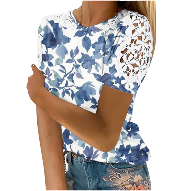 EQWLJWE Hauts d'Été pour Femmes Hauts pour Femmes Liquidation Mode Féminine Été Col Rond Loisirs Manches Courtes Imprimé Dentelle Couture Hauts