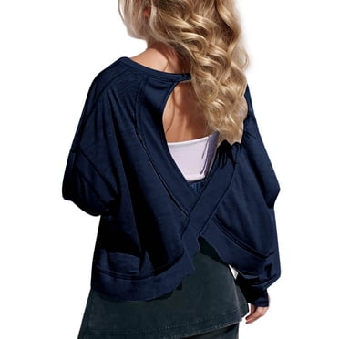 Lenpel Girls' Cropped T Shirts Long Sleeve Crew Neck Open Back Workout Tops Loose Gym Tees Athletic Performance Clothes(Navy,9-10 Years)