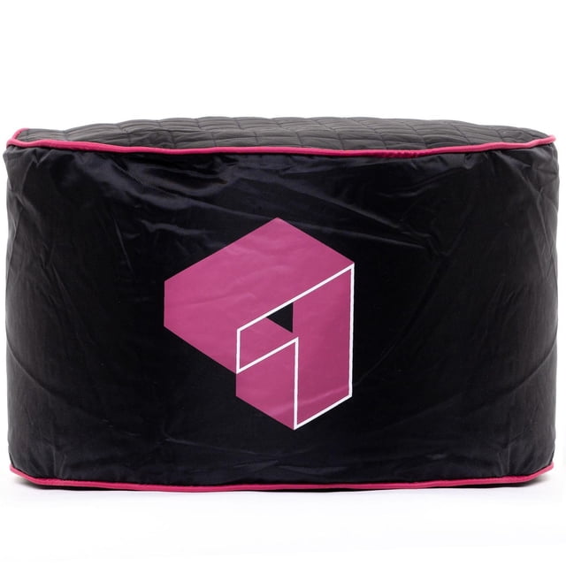 Siteazee Indoor Pink Pouf with waterproof black 420D oxford fabric and pink piping, featuring a quilted top and a pink geometric logo on the side, designed as a cube-shaped bean bag seat ideal for kids' bean bag chairs or seating in game rooms and kids' rooms.