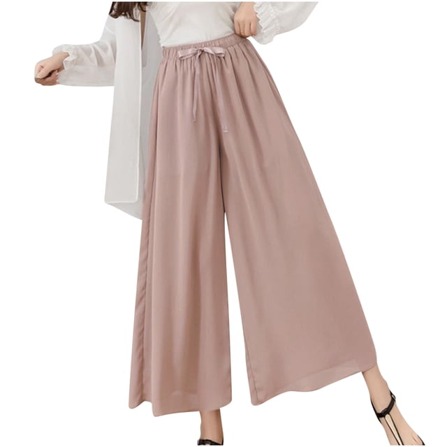 Yuyuzo Boho Pants for Women High Waisted Straight Wide Leg Flowy Cool Slacks Solid Color Lounge Trousers