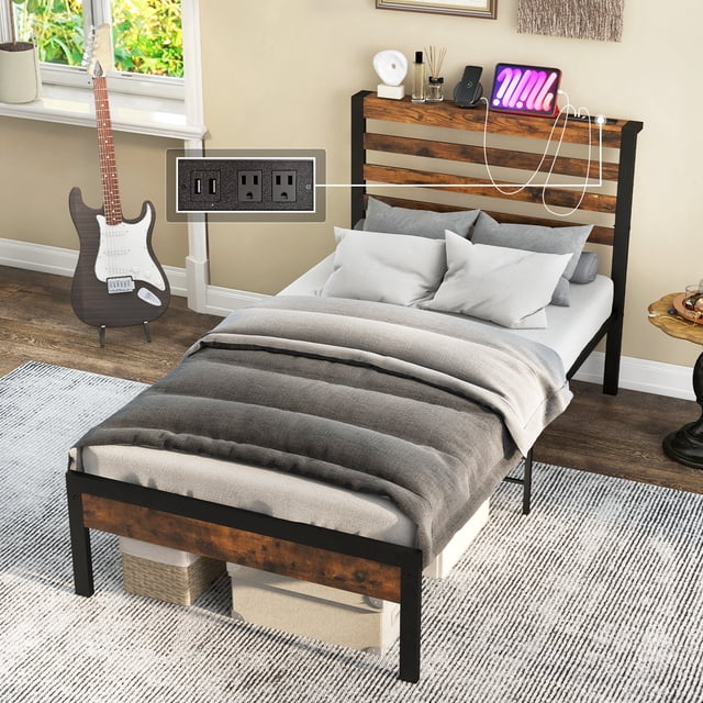 Costway Base de Lit Plateforme Industrielle en Métal pour Lit Simple avec Station de Recharge, Sommier