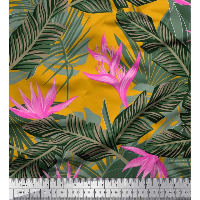 Soimoi polyester Crepe Fabric Floral & Leaves Tropical Print Sewing Fabric Yard 42 Inch Wide
