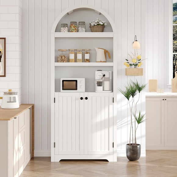 72" Tall Arched Bookshelf Cabinet with Double Doors, 5 Adjustable Shelves Wooden Storage for Living Room, Bedroom, Office, Kitchen