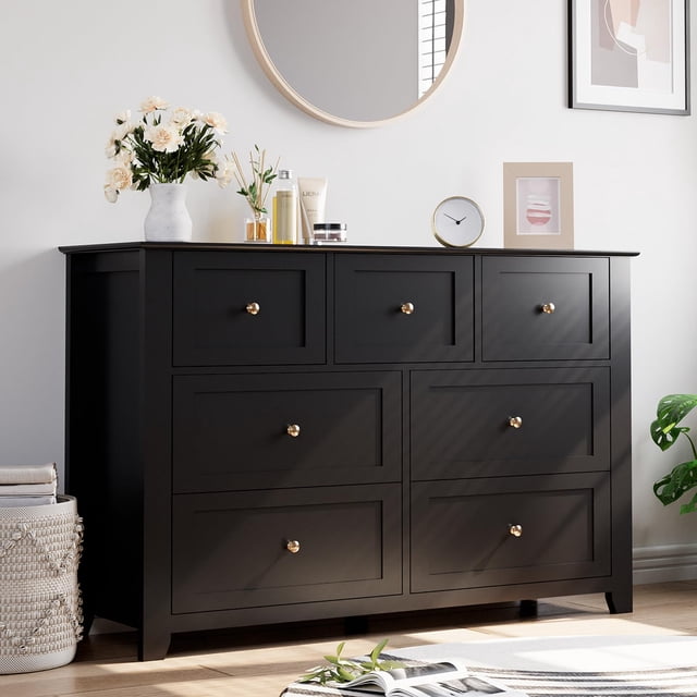 Commode Noire à 7 Tiroirs pour Chambre – Coffre en Bois Simplement Moderne, Tiroirs de Rangement Profonds, Commode Double Polyvalente pour Salon, Couloir, Entrée