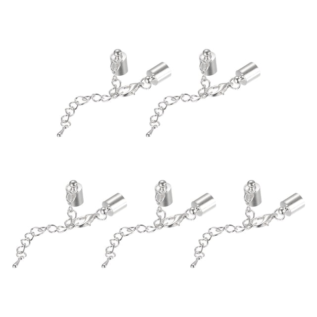 Unique Bargains 10Sets 7mm Leather Cord End Caps with Lobster Clasps & Extender Chain for DIY, Rhodium Tone