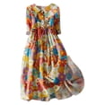thumbnail image 1 of Pisexur Robes d'Été pour Femmes Mode Bohème à Imprimé Floral Robe Maxi Tunique Décontractée Taille Élastique Robe Soleil Col Rabattu Boutonnée Longue Robe Manches 3/4 Col en V Fluide Coton Lin Robe de Plage, 1 of 3