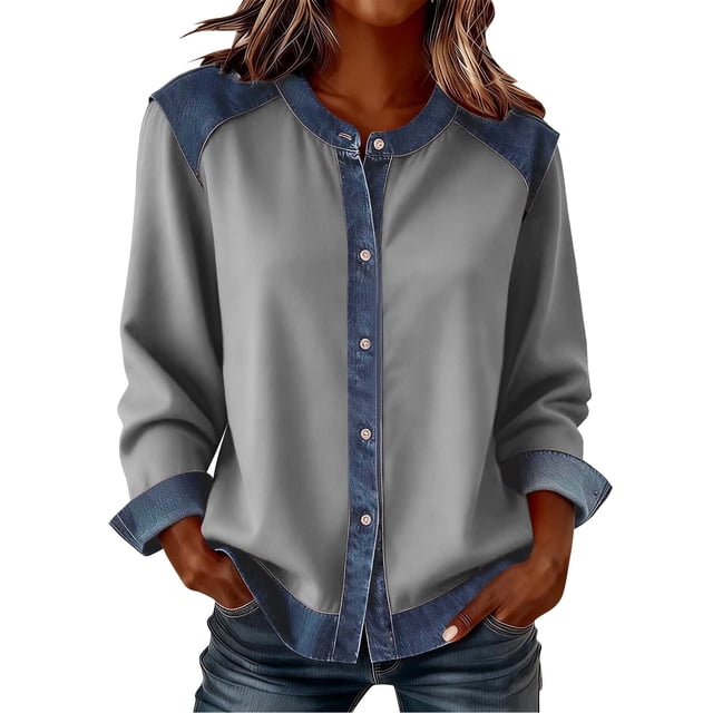 RXMEKW Denim Patchwork Cardigan For Women Long Sleeve Button Up Casual Jacket Solid Color