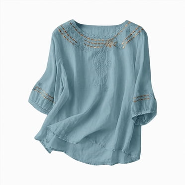 WUANDIXFA T-Shirts à Manches Courtes pour Femmes Chemises en Lin pour Femmes Rétro Broderie Été Ample T-Shirts à Manches 3/4 Tuniques Hauts Blouses Décontractées Vêtements Boho, Bleu Clair, G