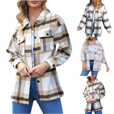 EQWLJWE Womens Plaid Shackets Long Casual Plaid Jacket for Women Flannel Shirt Jacket Button Down Long Sleeve Fall Shirt Coat Wool Blend Fall Flannel Shirt Jacket