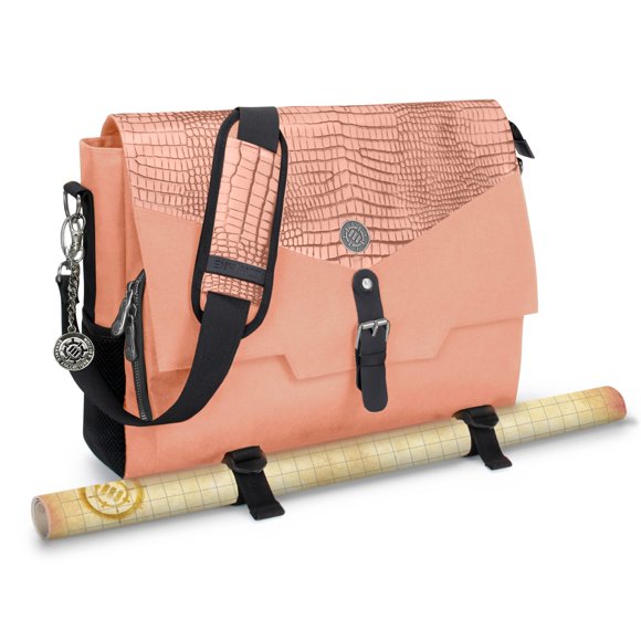 ENHANCE Collector's Edition RPG Player's Essentials DnD Bag - Dragon Hide Exterior Messenger Bag Fits 2-4 Books Binders Dice & Accessories with 17 inch Laptop Slot Battlemap Straps (Dragon Pink)