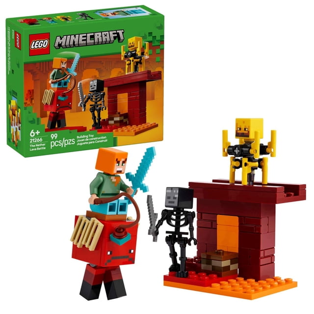 LEGO Minecraft le Jouet et Ensemble de Jeu de Bataille du Nether avec un Pont-Forteresse du Nether à Construire avec base en Lave, Minifigurine Alex avec Épée en Diamant Chevauchant un Cavalier Rouge avec Pattes Articulées, un Squelette Flétri avec Épée de Pierre, et un blaze avec Tiges Tournantes, Conçu pour les Enfants de 6 Ans et Plus pour le Jeu Créatif Minecraft.