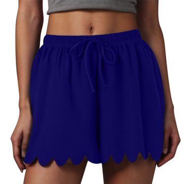Cute Summer Shorts Women Elastic Waist Drawstring Sweatshorts Plus Size Scalloped Wide Leg Casual Short Pants (2XL, Dark Blue)