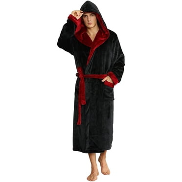 U2SKIIN Mens Fleece Robe with Hood, Mid Length Plush Shawl Collar Two Tone Bathrobe,(Black/Dark Red,2XL-3XL)